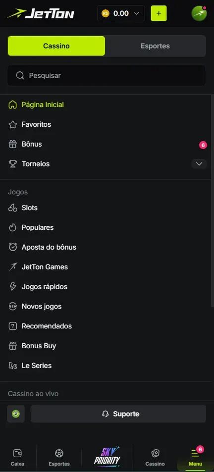 Menu da Jetton aberto com as abas Cassino e Esportes, o campo Pesquisar, os itens Página Inicial, Favoritos, Bônus e Torneios, a lista Jogos com Slots, Populares, Aposta do bônus, JetTon Games, Jogos rápidos, Novos jogos, Recomendados, Bonus Buy e Le Series, e o botão Suporte no fim